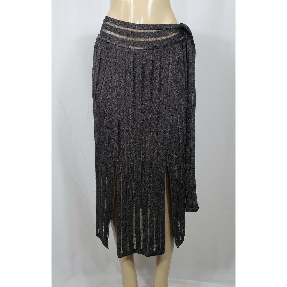 Tabula Rasa NWT Sheer Skirt Fringe Alpana Grey Solid Stripe Panel Tie Medium